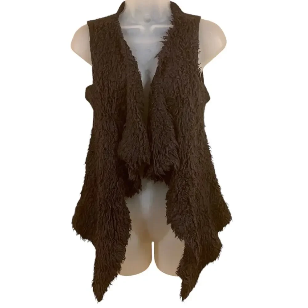 Kensie Boho Black Open Front Vest Sz XS Knit Shag Drape Layered VTG Hippie 70s